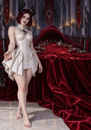 Horned woman in an ivory dress beside a long red velvet banquet table in a vaulted Gothic hall with candles and banners.