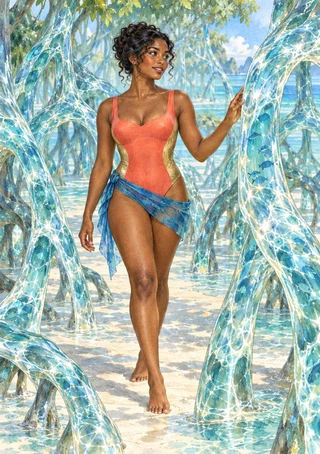 A woman in a coral swimsuit and sheer blue wrap walks through shallow water among mangroves, framed by curling transparent forms.