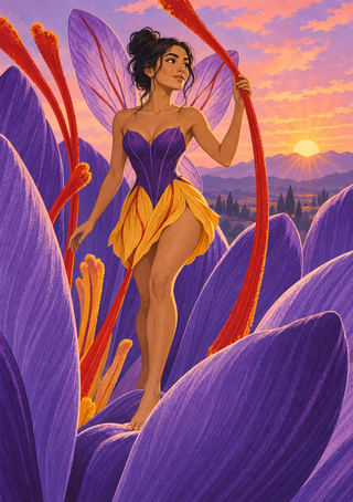 A winged woman in a purple bodice and yellow-orange petal skirt stands among oversized purple crocus-like flowers at sunset.