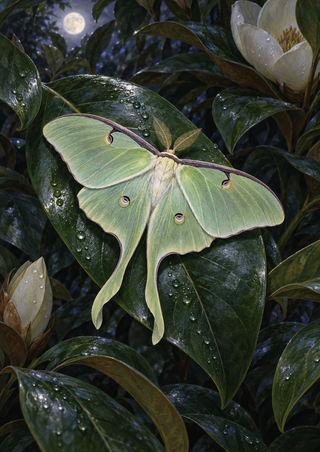 Pale green long-tailed moth with open wings resting on a dark wet-looking leaf among magnolia blossoms beneath a moon.