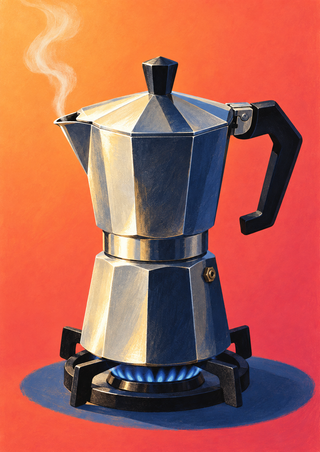 Faceted silver moka pot on a compact burner with a blue flame and nearby curl of steam against an orange-rose background.