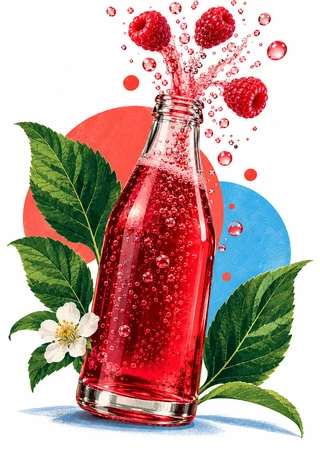 Clear bottle of ruby-red fizzy berry soda with raspberries and bubbles rising above it, framed by green leaves and a white blossom.