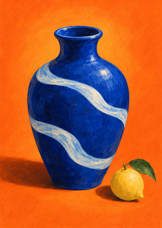 Cobalt-blue ceramic vessel with flowing pale wavy bands beside a yellow citrus fruit and green leaf on orange.