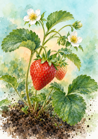 Watercolor-style strawberry plant with red and pale berries, serrated leaves, two white blossoms, and a textured soil mound.