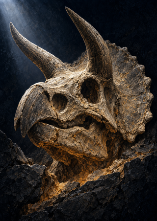 Horned fossil-like skull with a broad frill emerging from dark broken rock