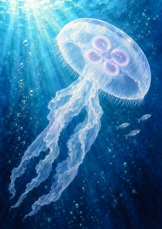Translucent moon jellyfish with lavender markings rising through a turquoise beam, with three small fish and bubbles
