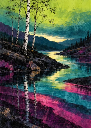Birch trunks on a rocky riverbank beneath a chartreuse twilight sky, with fuchsia and turquoise water reflections and distant mountains.