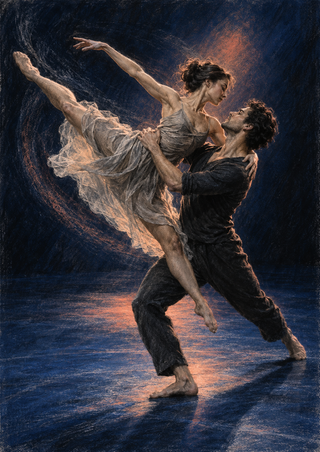 Two adult contemporary dancers in a supported lift, with one reaching outward and extending a leg behind on a dark stage.
