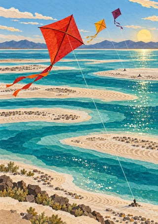 Three red, orange, and plum kites above turquoise water channels and pale patterned sandbars, with a sunlit shore.