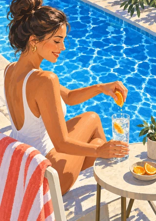 Adult woman in a white swimsuit squeezing an orange wedge above sparkling water beside a bright blue pool, with orange slices and a striped towel.
