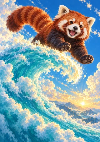 A red panda with a rust-colored tail leaps above a curling turquoise wave and clouds against a bright blue sky.
