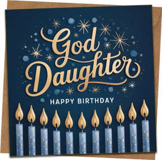Goddaughter Birthday Card, 145mm x 145mm, Navy and Gold Stars & Candles Design, Happy Birthday Message, Premium Greeting Card with Kraft Envelope