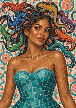 Mosaic-style portrait of a smiling woman in turquoise surrounded by colorful tiled lizards and circular sunburst motifs.
