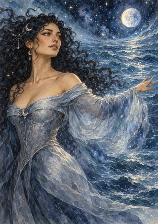Dark-haired woman in a flowing blue-gray gown reaching toward a wave-like sea beneath a full moon and starry sky.