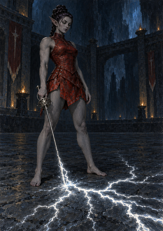 Gray-skinned, pointed-eared woman in rust-red armor holds a sword as branching white energy crosses a dark stone hall.