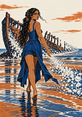 Woman in a blue dress walks through shallow water beside a tilted wooden shipwreck covered with white crystal-like formations.