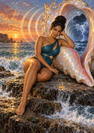 Dark-haired woman in a teal dress seated on wet rocks beside a large pearlescent conch as a storm wave with lightning rises behind her.