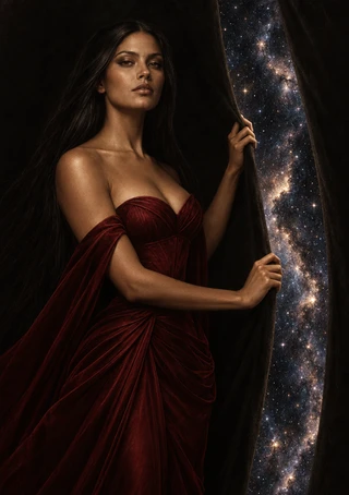 Woman in a burgundy gown parts dark drapery beside a luminous strip of stars.