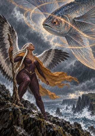 Winged woman in a purple and gold outfit holding a staff as a giant silver-blue fish looms over a stormy rocky coast.