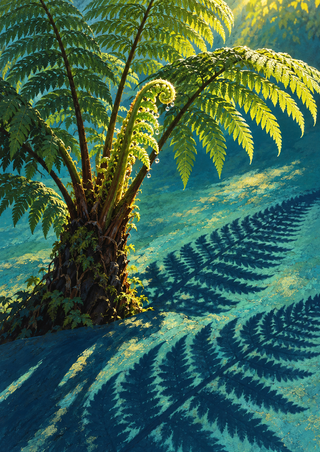 Mature tree fern with arching green fronds and a small curled new frond, casting dark shadows across a teal ground.
