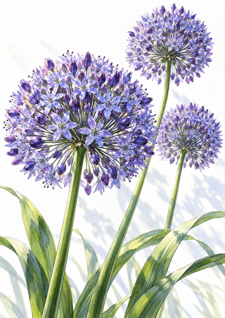 Three violet-blue allium flower heads on tall green stems, with narrow arching leaves against a white background.