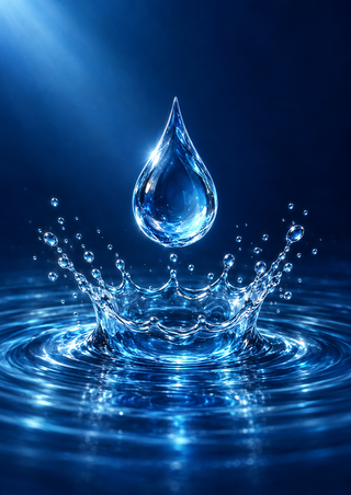 Luminous clear droplet suspended above a circular crown splash on a dark blue pool with ripples and scattered droplets.