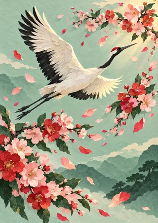 Red-crowned crane gliding with wings extended among pink and red cherry blossoms, with petals and flowering branches against a pale green sky.