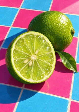 Whole green lime and cut lime half with a leaf on vivid magenta and blue tiles