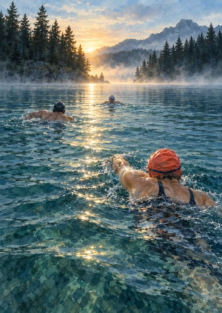 Three swimmers move away across a blue-green lake toward a misty sunrise opening between dark forested shores; the nearest wears a coral-red cap.