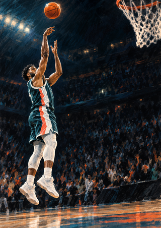 Airborne basketball player in a teal and white uniform releasing an orange ball toward a cropped hoop in a dark arena.