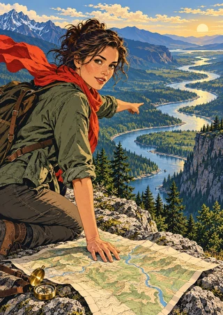 An adult woman explorer kneels by a map and open compass on a rocky overlook, pointing toward a winding river below.