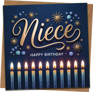 Birthday Card for Niece – Elegant Navy Blue with Candles and Stars, Happy Birthday Design, 145mm x 145mm Square Greeting Card with Kraft Envelope