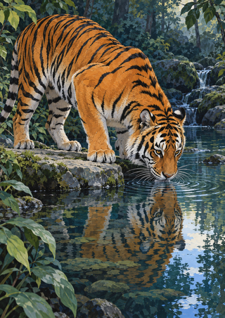 Adult tiger lowering its head to drink from a forest pool, with its reflection and ripples below, framed by rocks and dense foliage.
