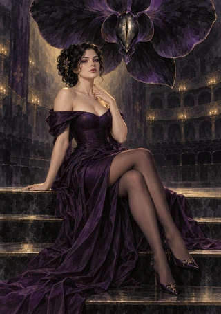 Woman in a dark purple gown seated on ornate auditorium steps beneath a huge violet flower-like form.