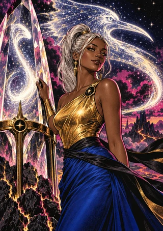 Silver-haired woman in gold and blue beside a tall faceted shard under a starry sky with a glowing bird-like outline.