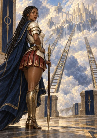 Armored woman with a spear stands on a stone platform before ladders leading through clouds to a pale castle.