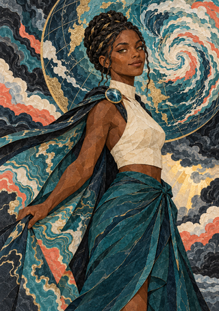 Dark-braided woman in a teal skirt and flowing cape stands before a large spiral storm map.