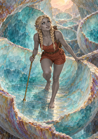 Blonde, pointed-eared explorer with twin braids and a staff walks through a large hollow blue-green formation.