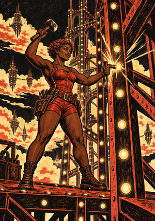 A woman in red raises a hammer beside a glowing point on a steel framework lined with golden lights.