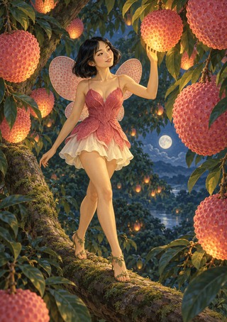 Black-haired fairy with patterned wings reaching toward glowing pink-orange forms among branches beneath a moon.