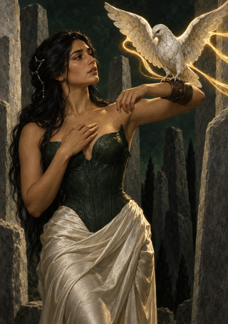 Dark-haired woman in a green bodice and pale skirt looks at a white spread-winged bird perched on her raised forearm between stone pillars.