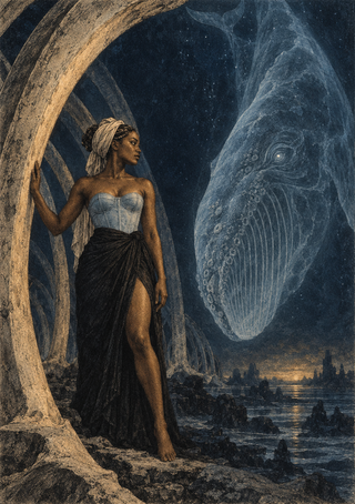 A woman beneath a stone arch looks toward a giant translucent whale above a rocky shoreline.