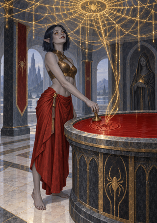 A pointed-eared woman stands beside a round stone table beneath a glowing golden spider-web canopy.