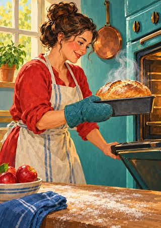 Adult woman baker in a red top lifting a steaming loaf in a pan beside an open teal oven.