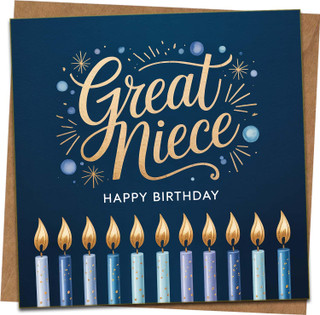 Great Niece Happy Birthday Card – 145mm x 145mm Square, Navy with Candles, Gold Script Design, Includes Kraft Envelope