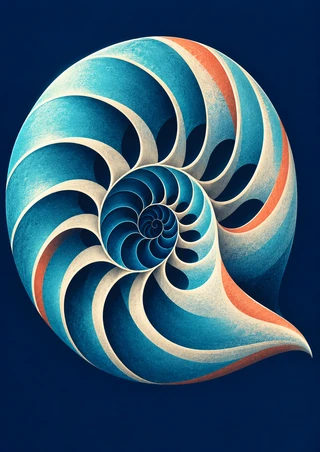 Stylized turquoise and teal nautilus shell with ivory ridges and coral accents against a midnight-blue background.