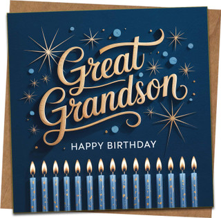 Great Grandson Birthday Card - 145mm x 145mm Square, Blue with Candles and Stars, Happy Birthday Greeting, Includes Kraft Envelope