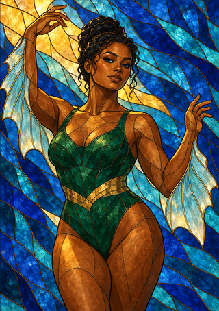 Woman in a green and gold outfit with raised arms and pale-edged translucent forms against vivid blue, turquoise and gold glass-like panels.