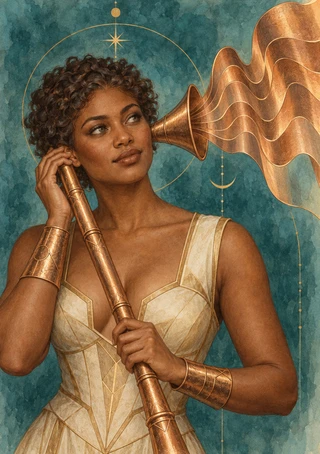 Curly-haired woman in an ivory and gold dress holding a long copper-colored instrument with a broad rippling flare against a teal background with gold celestial motifs.