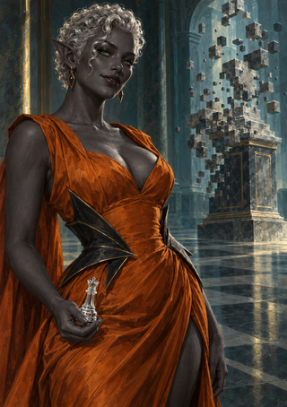 Gray-skinned, pointed-eared woman in an orange gown holding a silver chess-like piece beside floating cubes in a dark stone hall.